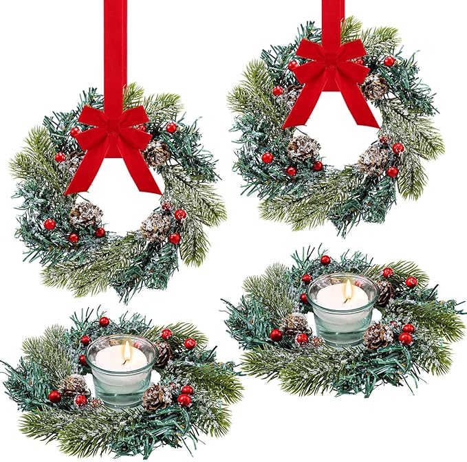 4 Pieces Christmas Candle Rings Wreaths Small Christmas Kitchen Cabinet Wreaths Pillars Mini Candle Rings Christmas Table Centerpieces Hanging Garlands for Christmas Front Door Window Decor