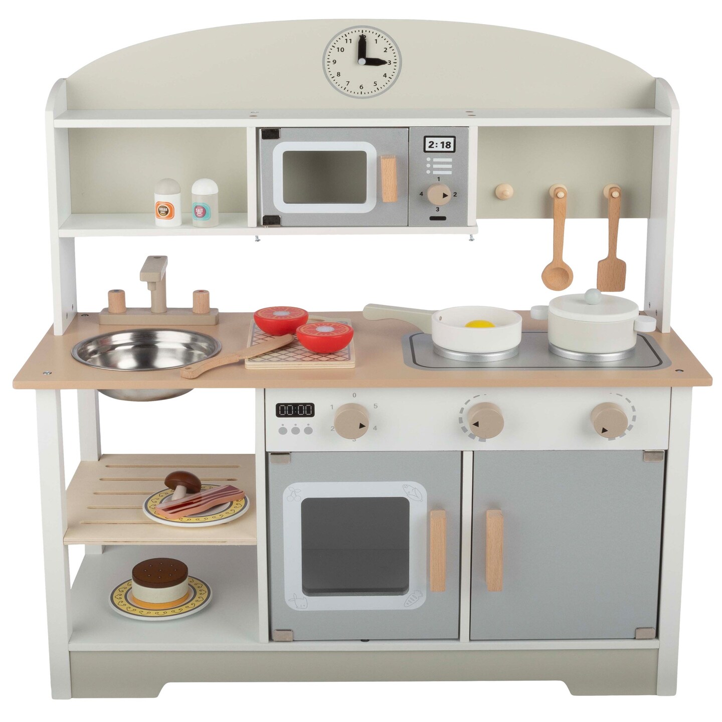 Kids Kitchen Playset - Play Kitchen With Toy Microwave Sink Stovetop Roaster Utensils And Play Food - Wooden Play