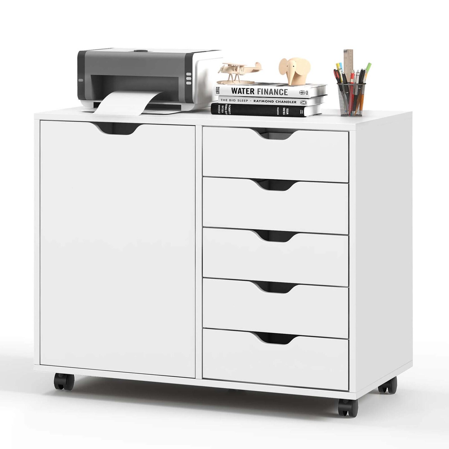 Costway 5-Drawer Chest Rolling Storage Dresser Lateral File Cabinet with Adjustable Shelf