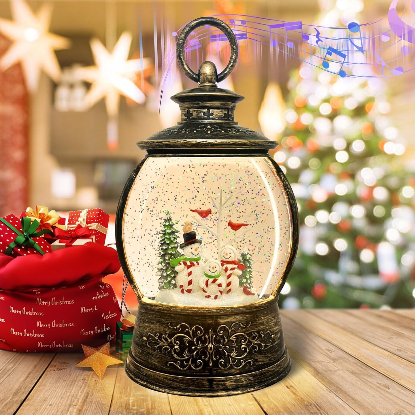 Snow Globe-Snowman Musical Christmas Lantern with 6 Hour Timer USB Lined/Battery Operated Retro Style Glitter Globe for Xmas Indoor Decoration and Santa Gifts