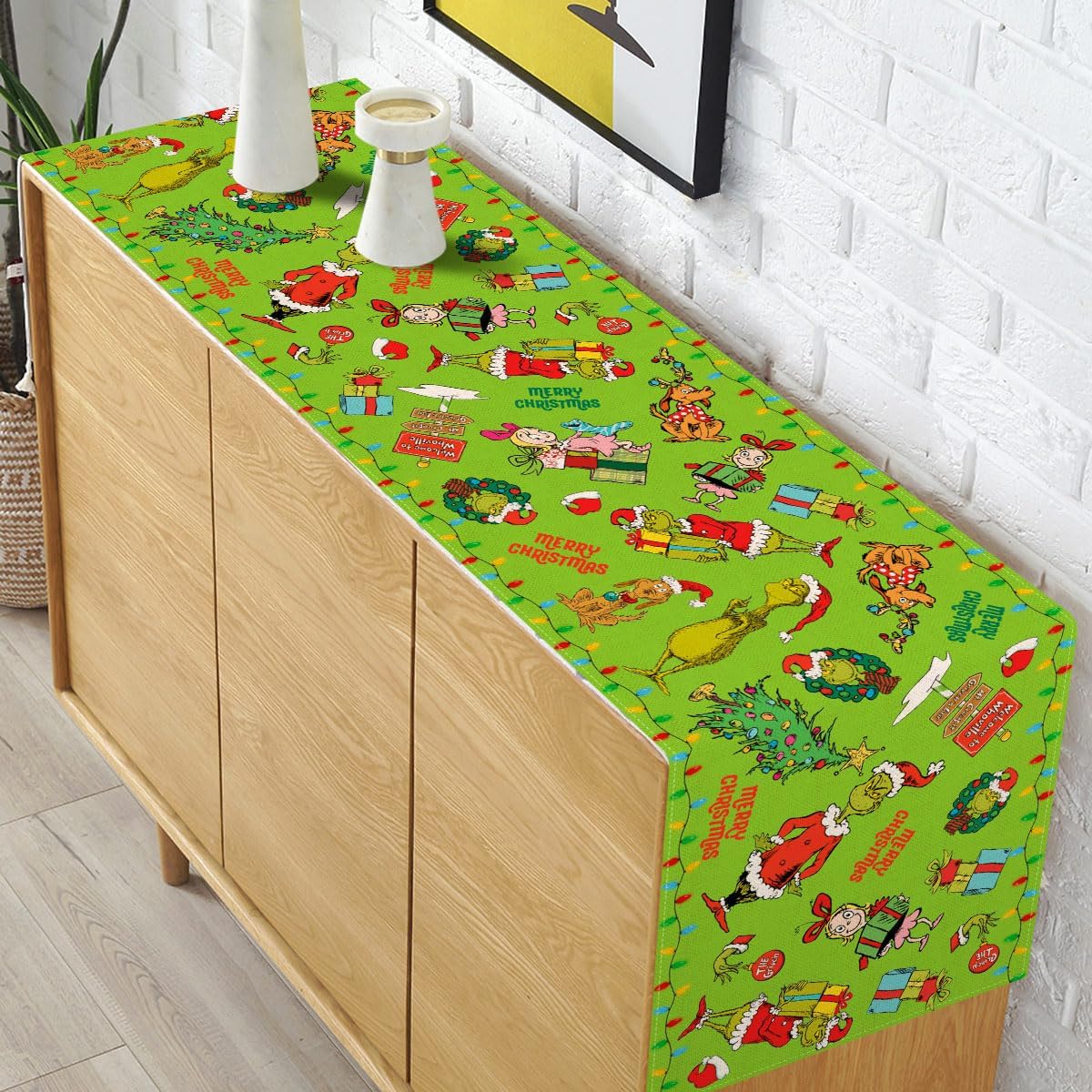 Merry Christmas Table Runner Whoville Christmas Xmas Winter Holiday Season Party Decorations Kitchen Fireplace Dining Room Home Decor (Green, 13&#x22; x 90&#x22;)