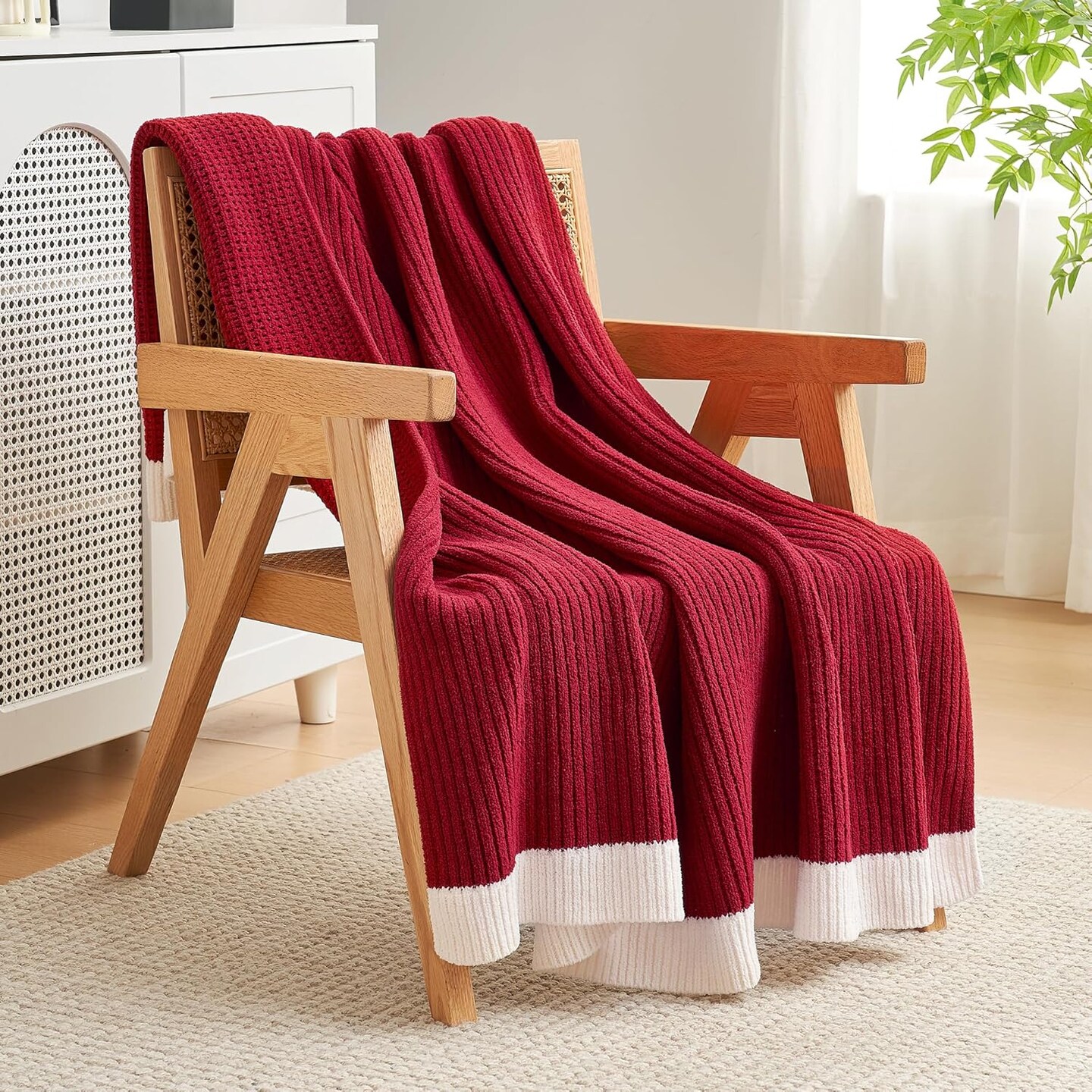 Home Chenille Christmas Waffle Throw Blanket for Couch, Reversible Soft Cozy Knit Blanket Lightweight Warm Xmas Decorative Throw for Sofa, Bed, Living Room, Christmas Red, 50 x 60 inch