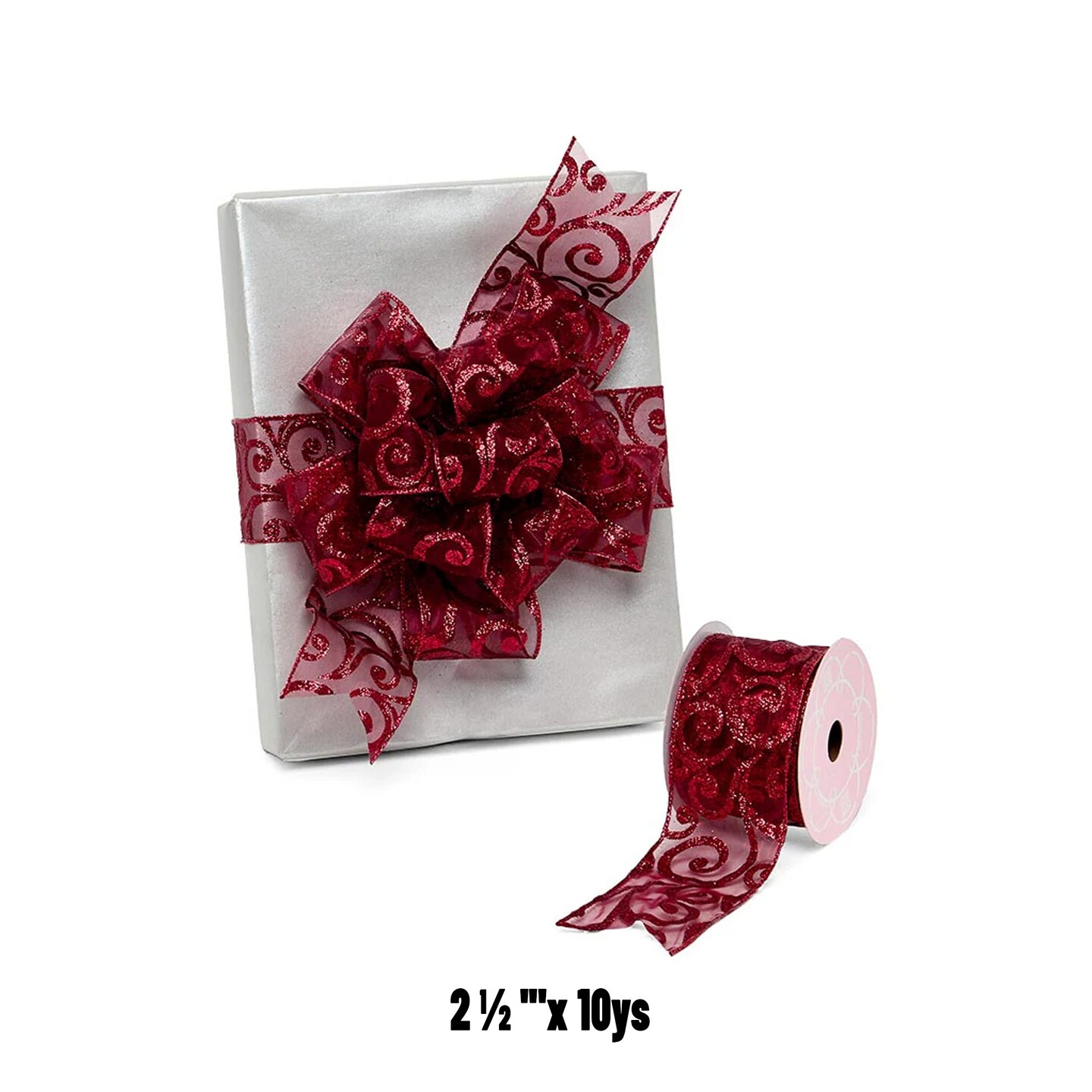 Sparkly Burgundy Scroll Sheer Wired Ribbon 2.5&#x22; x 10 Yards