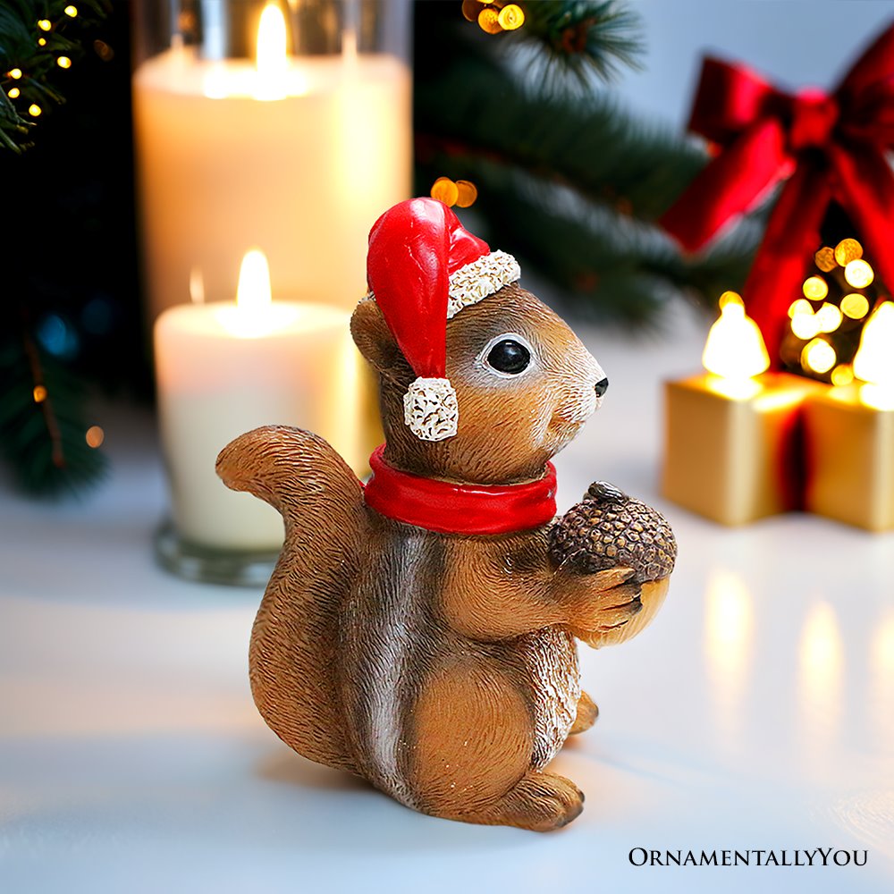 Charming Chipmunk with Santa Hat Figurine, 5&#x22; Playful Christmas Rodent Garden Statue