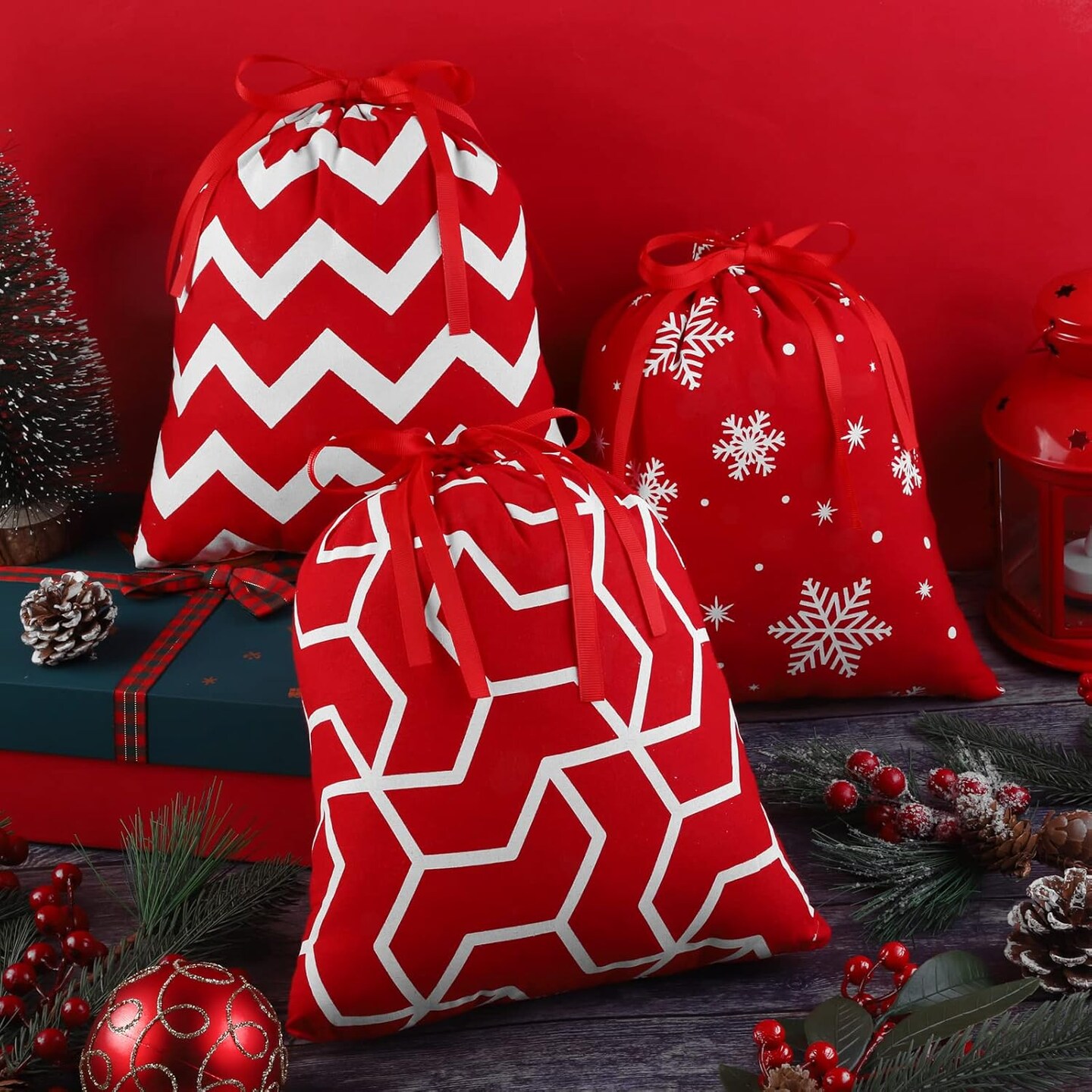 12 Pieces Christmas Drawstring Gift Bags Red and White Cotton Fabric Christmas Gift Bags with Drawstring 12 x 10 Inch Christmas Party Favor Bags for Christmas Party Supplies, 6 Designs