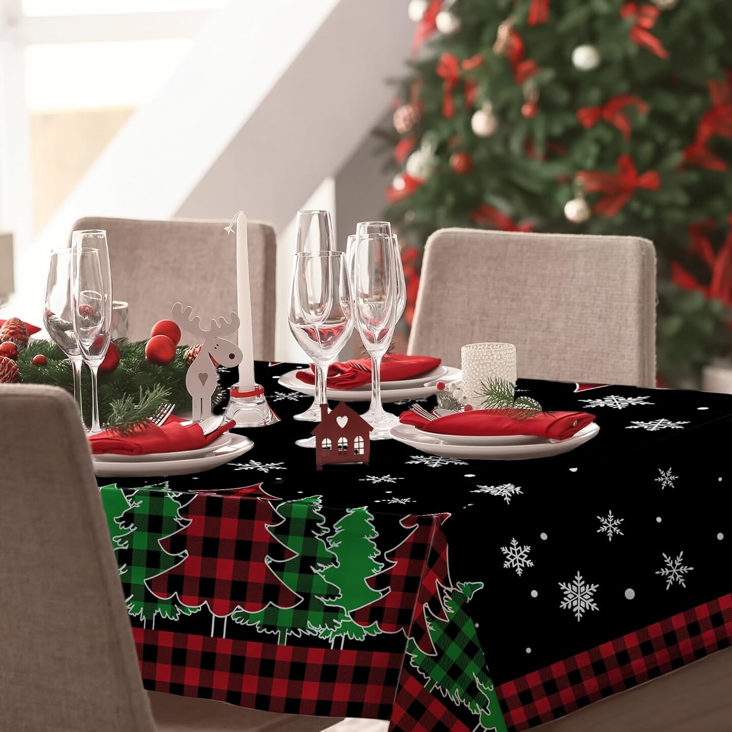 Christmas Tablecloth, Christmas Trees Table Cloth Rectangle 60x84 inch, Black Buffalo Plaid Oblong Winter Xmas and Snowflake Kitchen Christmas Table Decorations for Home, Dinner, Party