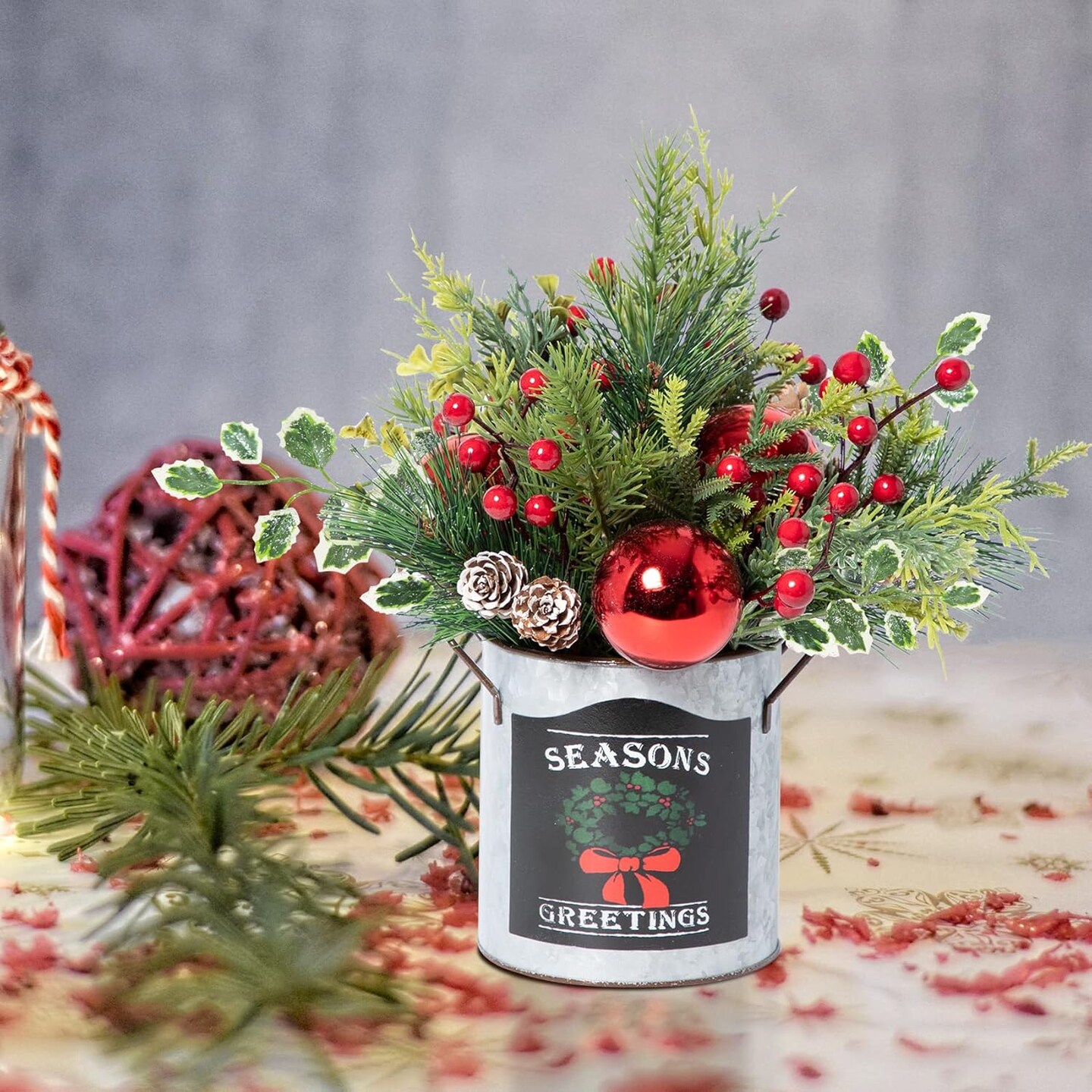 Inch Small Christmas Centerpiece Potted Tree Artificial Plants with Sturdy Stand and Pine Cones and Red Berries Decoraction