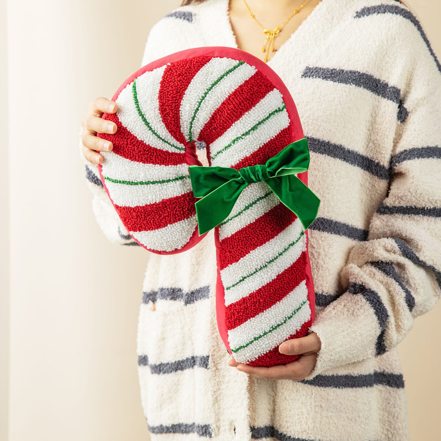 15.75&#x22;H Hooked Christmas Candy Cane Shaped Pillow