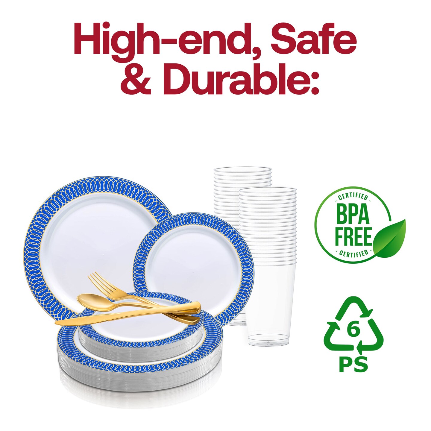 White with Gold Spiral on Blue Rim Plastic Wedding Value Set (120 Settings)