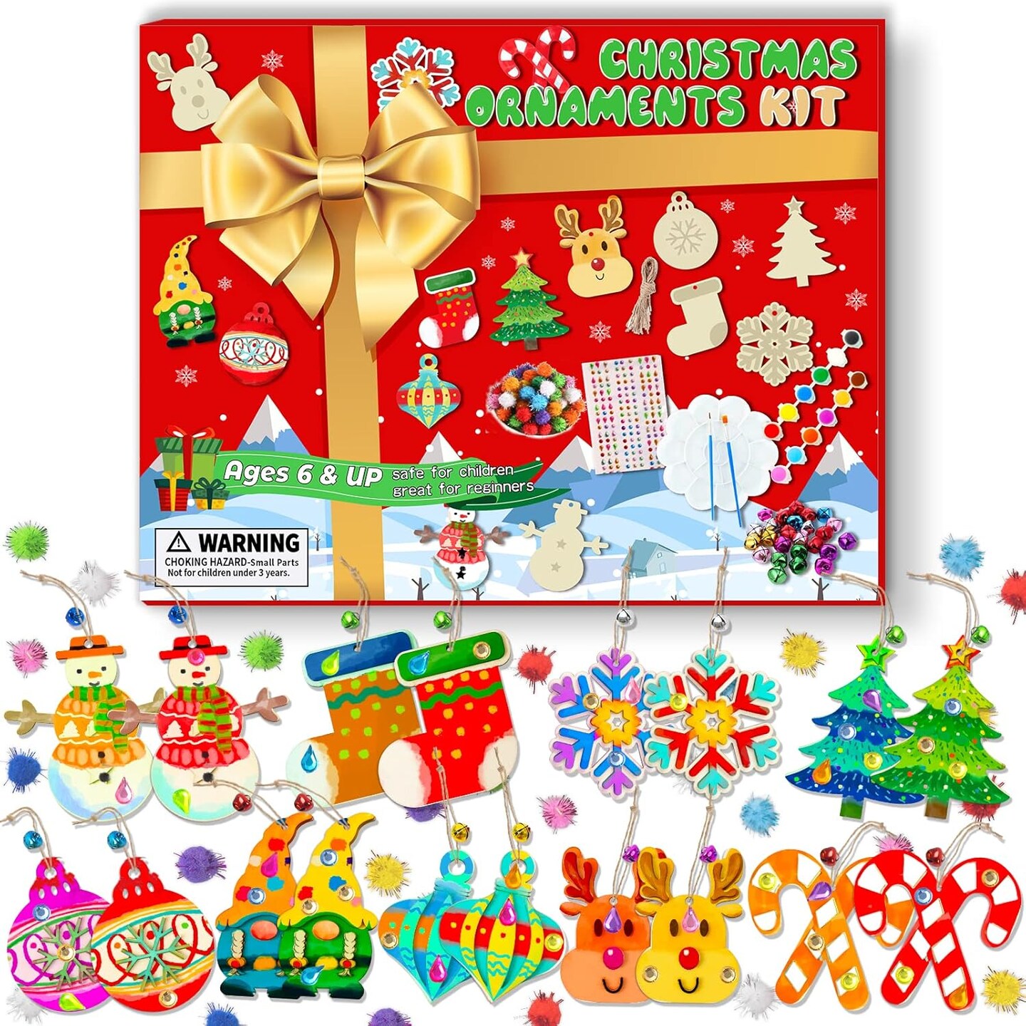 Christmas Ornament Crafts for Kids - Make Your Own Ornament Kit with Christmas Wooden Crafts with Piant Set, Gem Stickers, Poms and Bells, Ornament Making Kit for Kids Holiday Xmas Favors