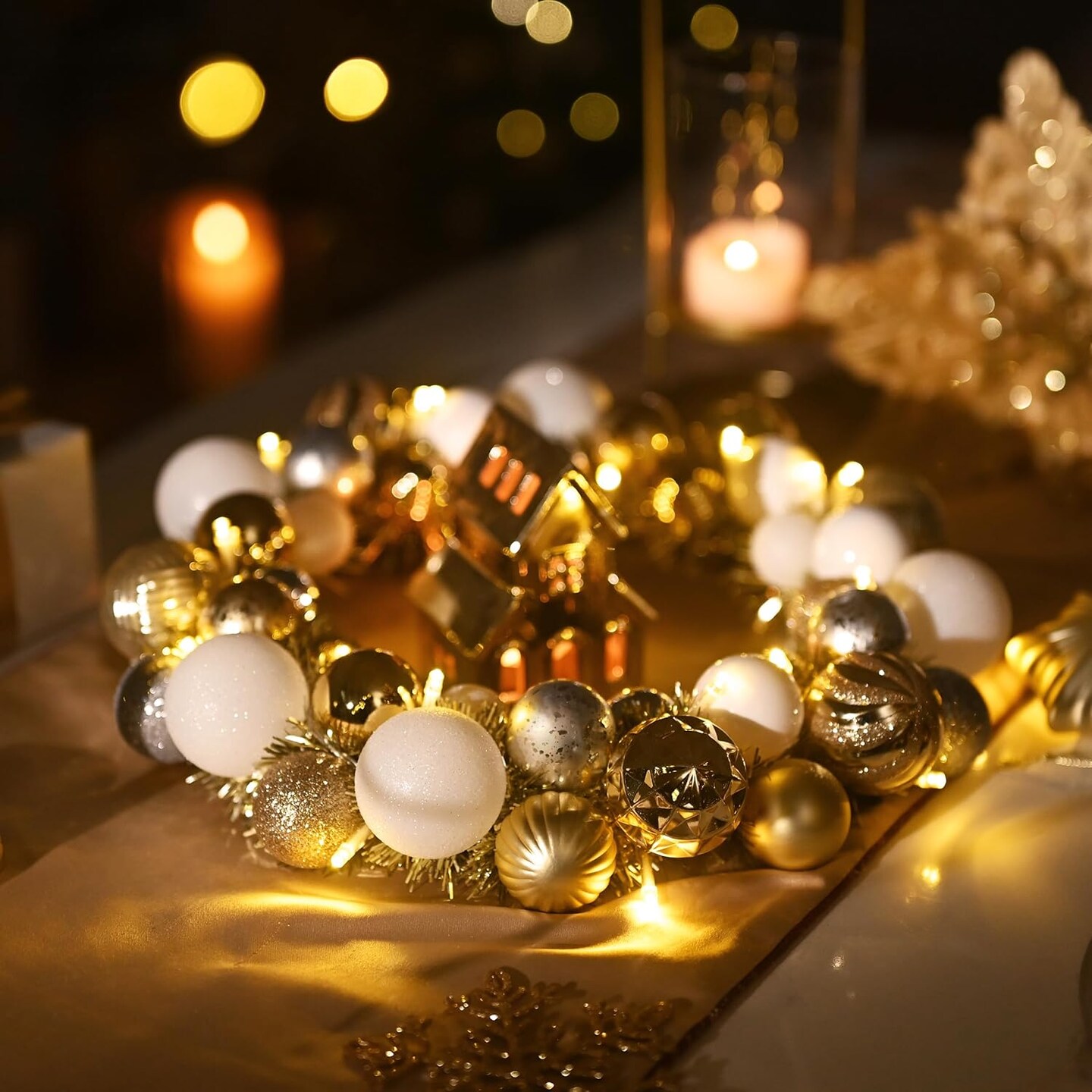 Pre-Lit Christmas Ball Wreath for Front Door with Lights, 13&#x27;&#x27; Lighted Christmas Wreath with White Gold Xmas Balls for Fireplace Window Outdoor Table Centerpiece Holiday Home Decoration