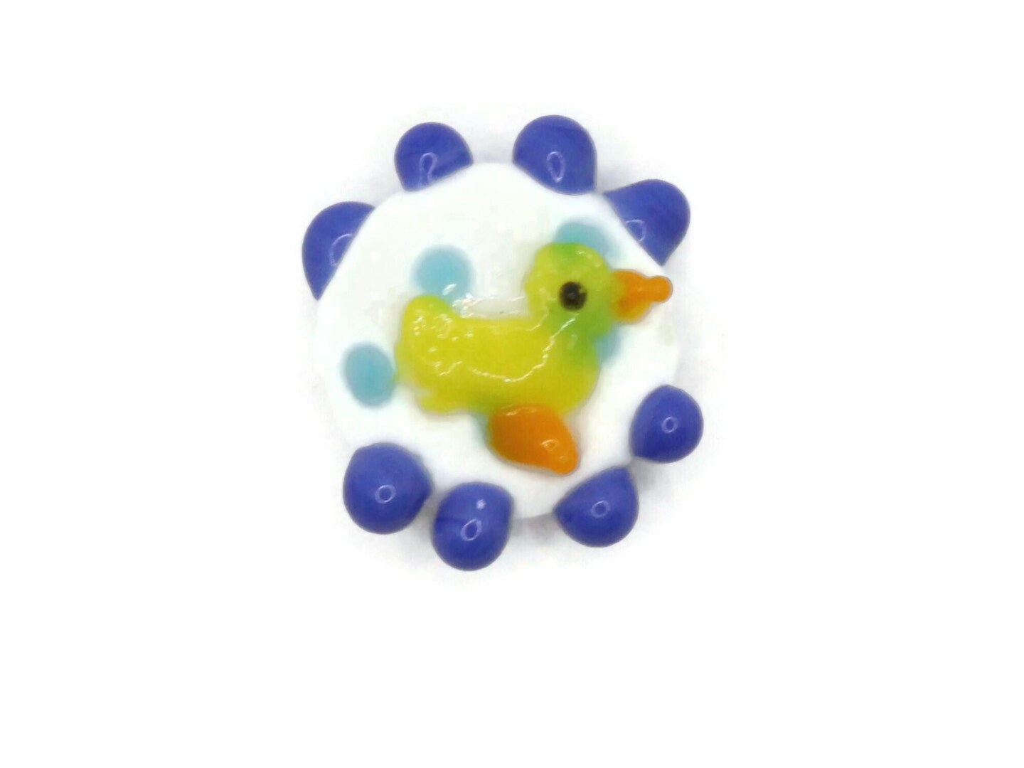 19mm White with Blue Dots and a Duck Bead Flat Round Coin Lampwork Glass Bead