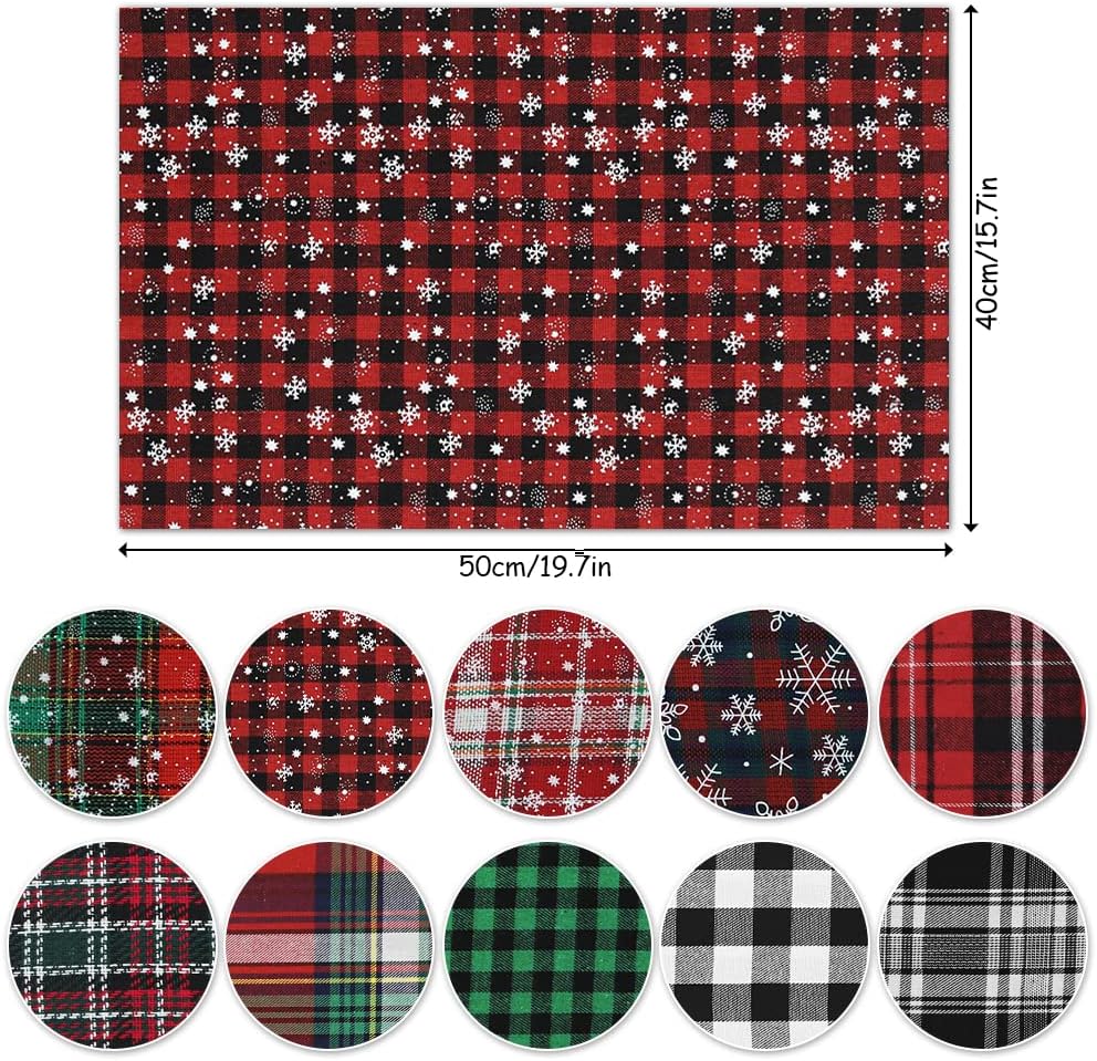 10 Pcs Christmas Plaid Bundles Quilting Fabric,16 x 20 inches Rectangle Cloth Red Green Grid Snowflake Patchwork Fabric Scraps for Christmas Decortion Candy Gift Wrapping Sewing Work DIY Craft