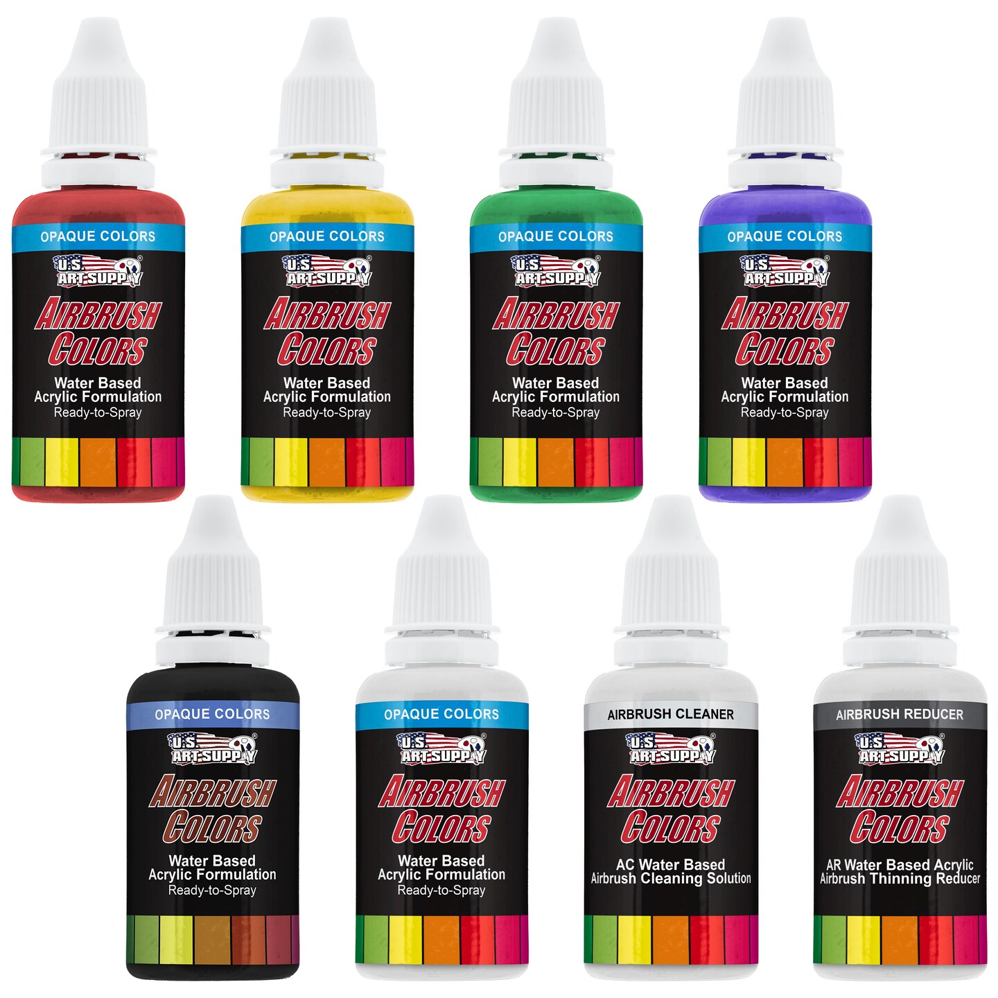 6 Color Starter Acrylic Airbrush Paint Set; Primary Opaque Colors plus Reducer &#x26; Cleaner, 1 oz. Bottles