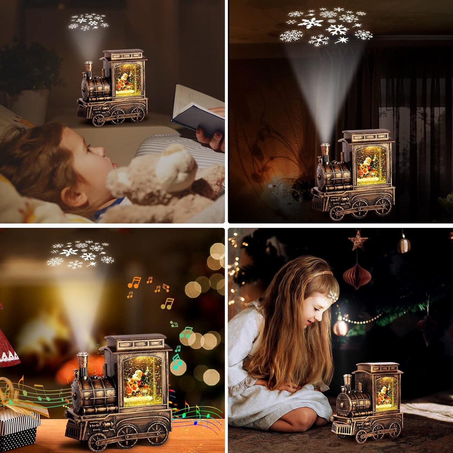 Christmas Snow Globes, Vintage Musical Christmas Snow Globe Lantern with Snowflake Projection, Lighted Christmas Train Snow Globe with Santa Water Swirling Glitter and 6H Timer, Xmas Gift