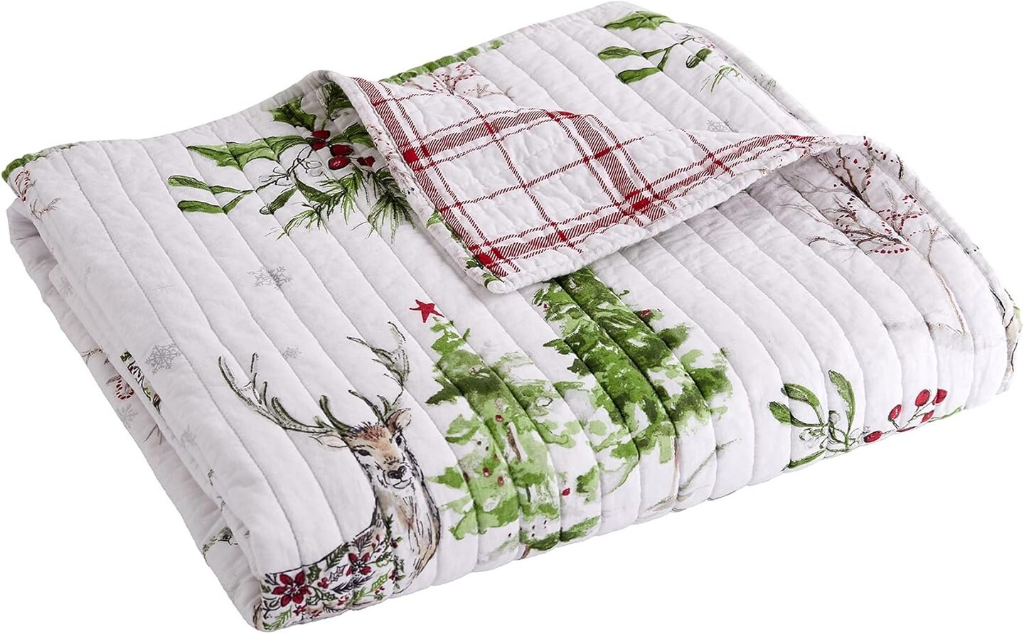 Sleigh Bells Quilted Throw Christmas Tree and Reindeer - Red Green Grey White - Holiday Quilted Throw Size 50x60in. - Reversible - Poly