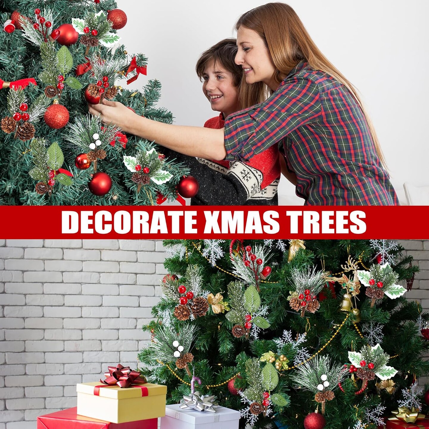 Artificial Christmas Picks Assorted Red White Berry Picks Stem Faux Pine Picks &#x26; Spray with Pine Cones for Floral Arrangement Wreath Winter Holiday Season Decor