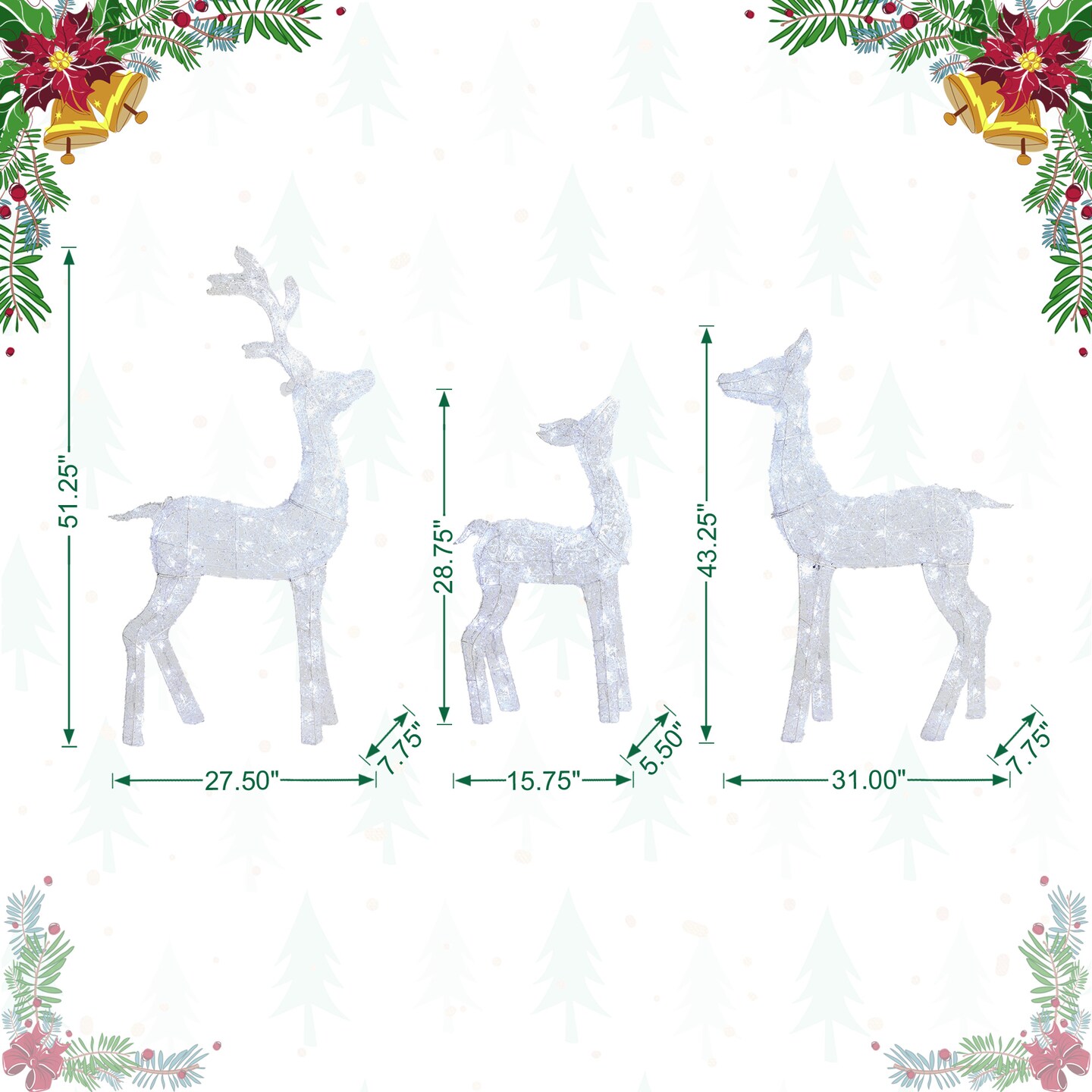 Set of 3 Lighted Christmas Crystal White 3D Reindeer Outdoor D&#xE9;cor with 240 White LED Lights