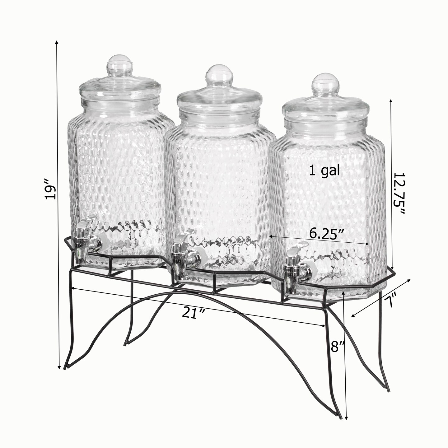 Basicwise 3-Piece Glass Drink Dispenser Set with Metal Stand and Stainless Steel Spigot - Beverage Dispensers for Lemonade, Juice, Water, Iced Tea, and Punch - Ideal for Tea Party and Other Occasions