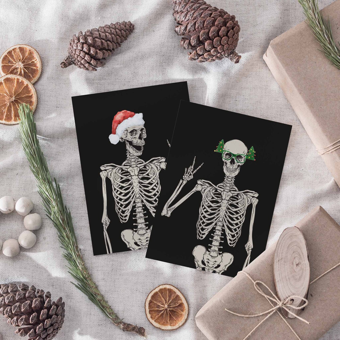 Skeleton Christmas Greeting Cards - 24-Pack Holiday Note Cards with 4 Unique Skeleton Designs in Festive Hats, Blank Inside for Merry Christmas &#x26; Happy Holiday Messages, Fun and Alternative Seasonal Stationery Set