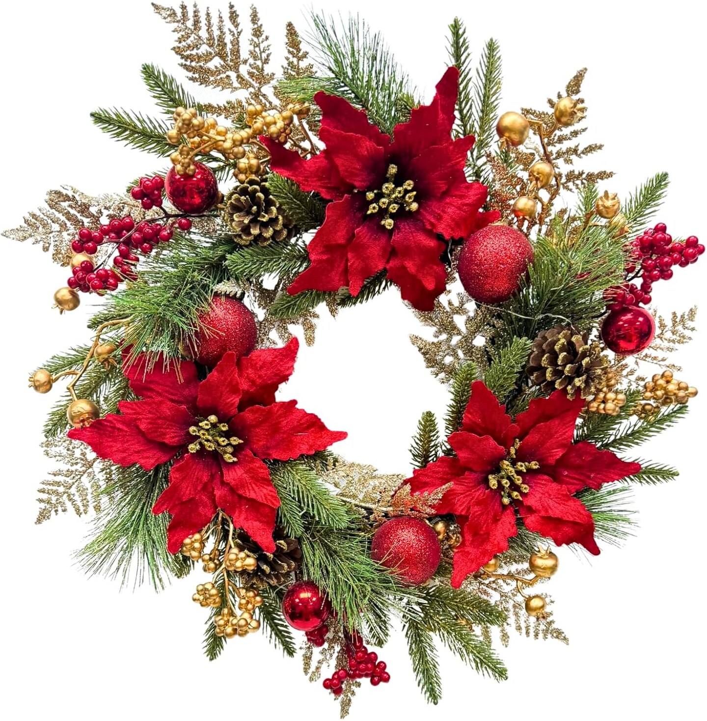 22 Inch Lighted Golden Glitter Christmas Wreath with Red Artificial Poinsettia Flowers Ball Ornaments Golden PineCones Berries for Door Wall Window Fireplace Holiday Decorations