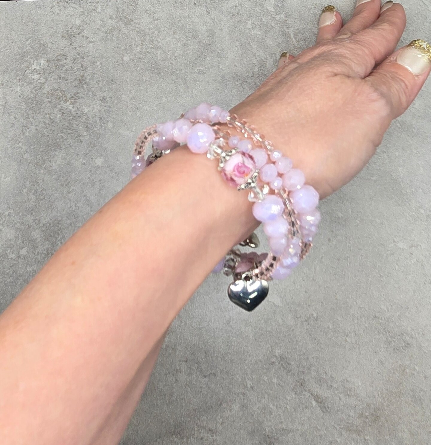 3 Coil Memory Wire Bracelet, Pink Crystal Bangle Bracelet
