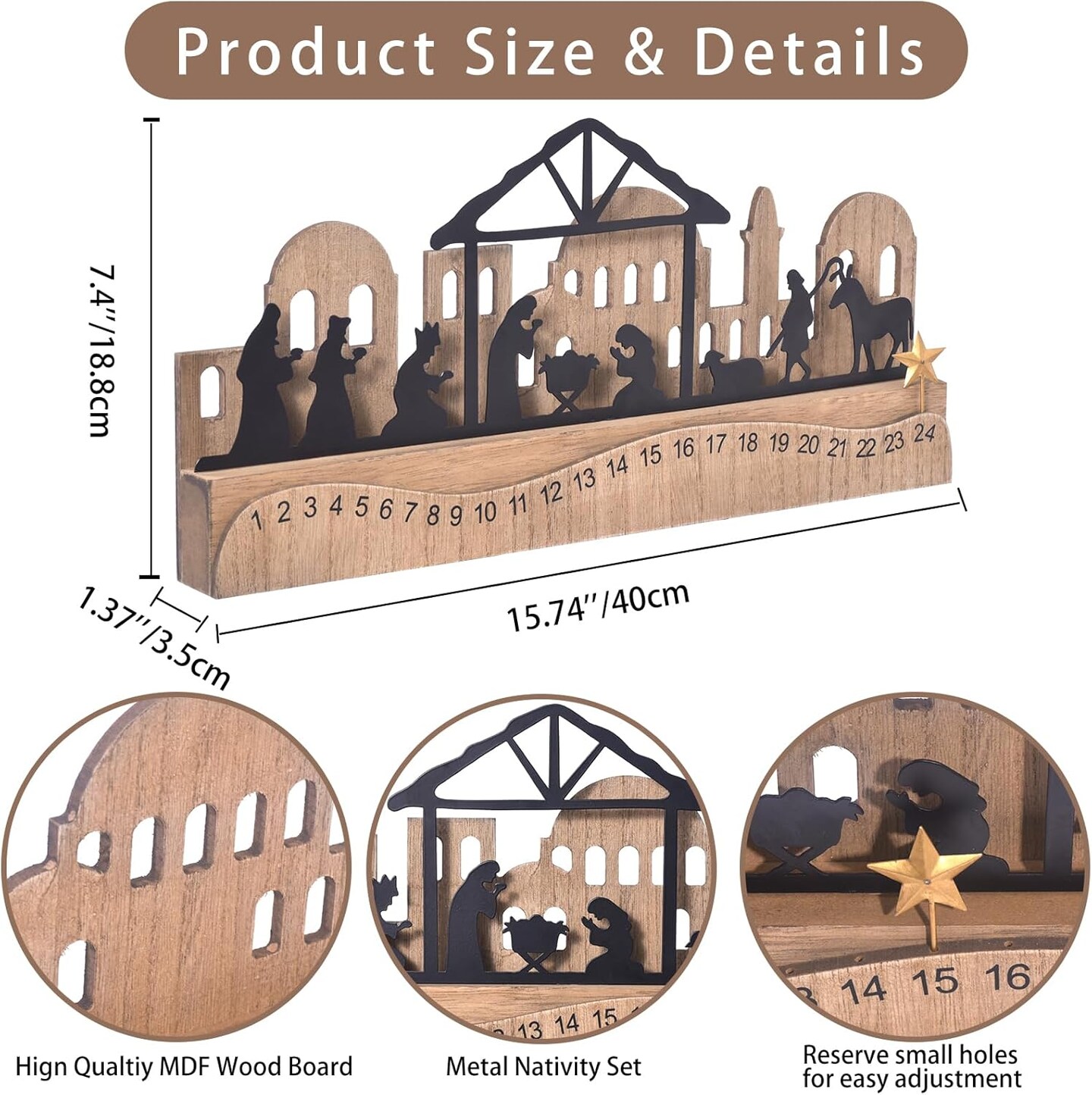 Nativity Sets for Christmas Countdown Calendar, Indoor Rustic Nativity Christmas Decor with Wooden Base 3D Design, Xmas Manger Nativity Scene for Tabletop Office Shelf Mantel Decoration (Black)