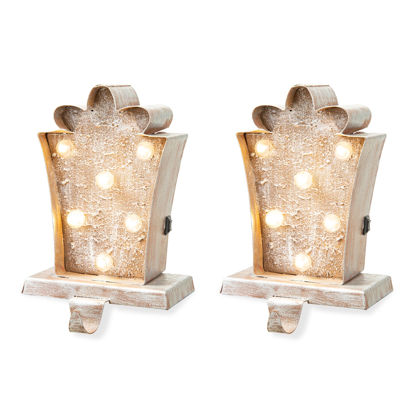 Set of 2 7.50&#x22;H Marquee LED Wooden/Metal Gift box Stocking Holders