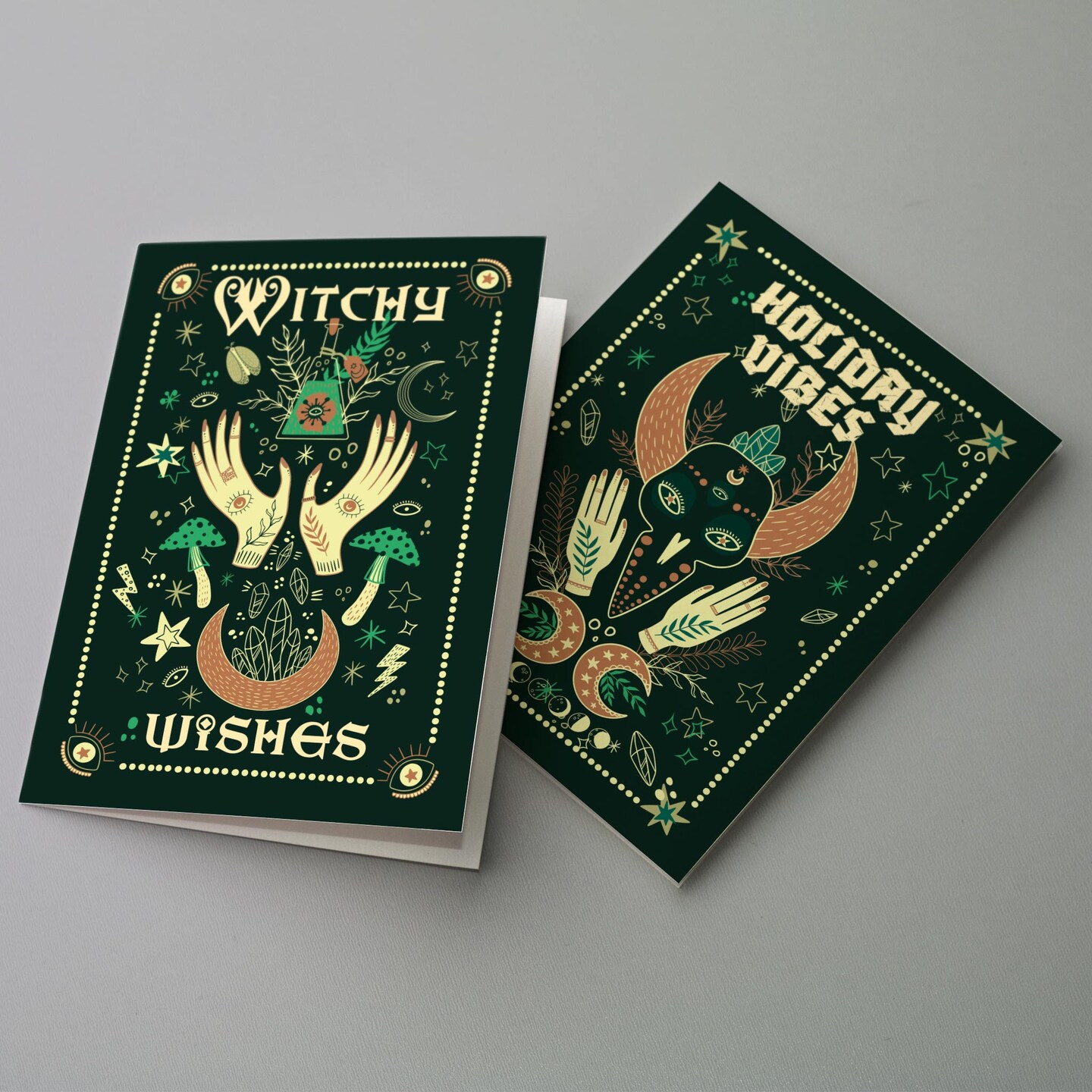 Witchy Christmas Cards - 24-Pack Holiday Greeting Cards with 4 Mystical and Cosmic Designs, Perfect for Sharing Magical Holiday Wishes, Blank Inside for Personalized Messages - Enchanting and Unique Stationery Set