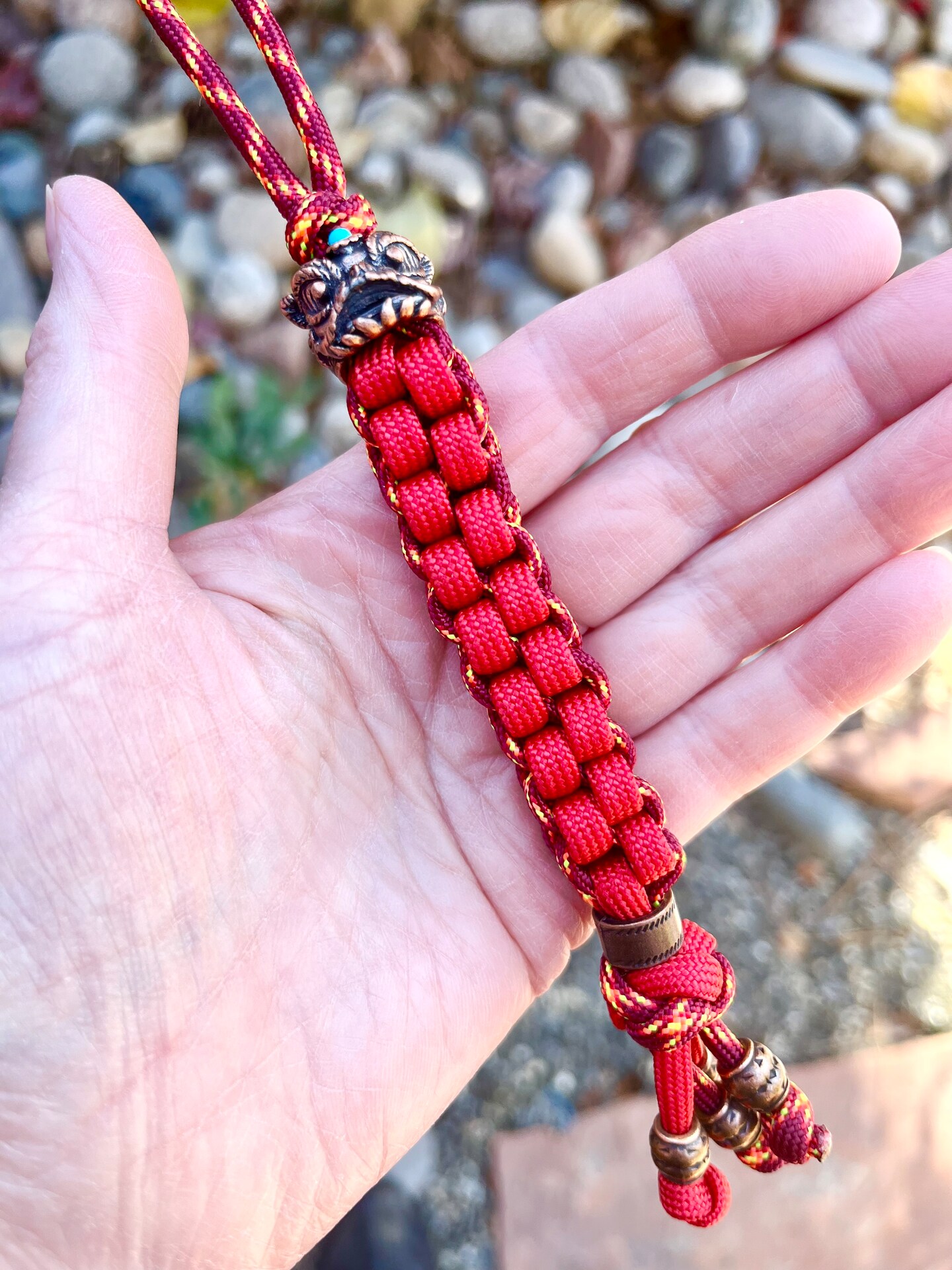 Chinese Dancing Dragon Lion Head Keychain Key Fob Knife Tether EDC