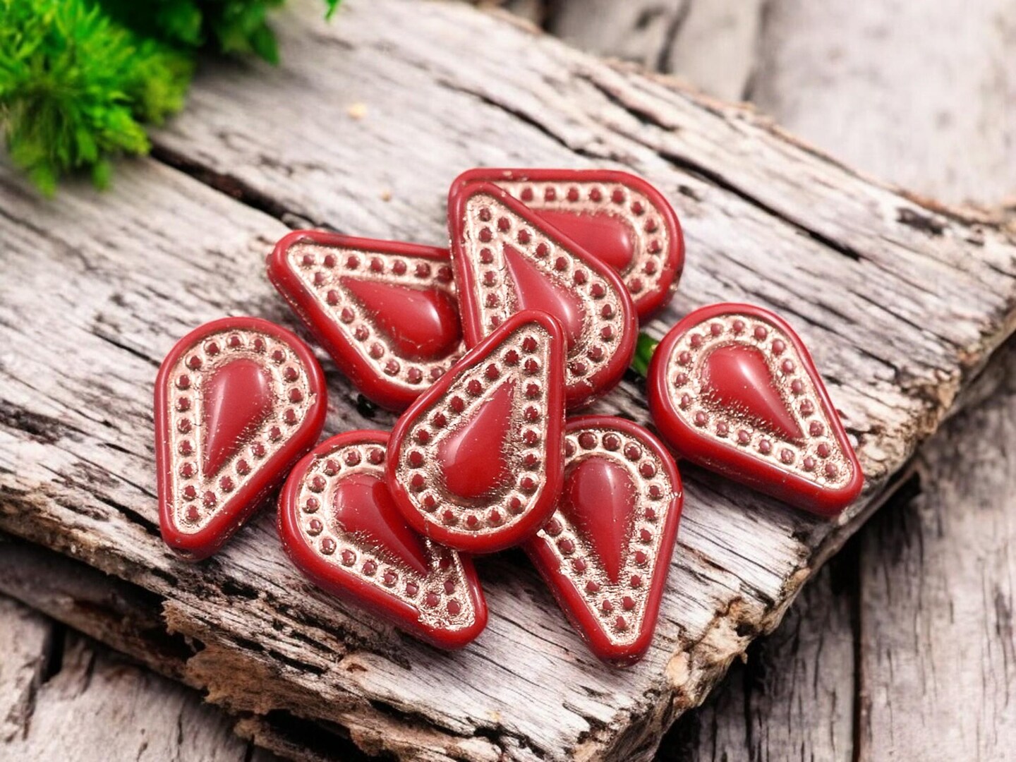 *10* 14x10mm Copper Washed Opaque Scarlet Red Filigree Drop Beads