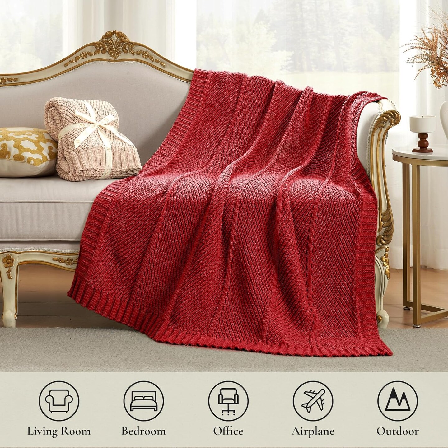 Chenille Christmas Throw Blanket for Couch, Chunky Knit Blanket with Chevron Texture Non-Shedding Decorative Red Cozy Throw Blanket for Sofa Chair Bed, Red, 50x 60