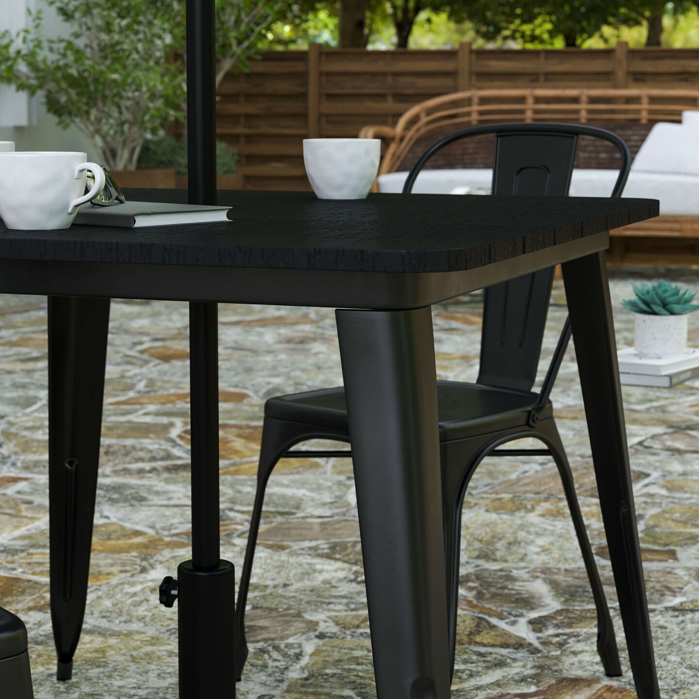 Merrick Lane Dryden Indoor/Outdoor Dining Table with Umbrella Hole, 36&#x22; Square All Weather Poly Resin Top and Steel Base