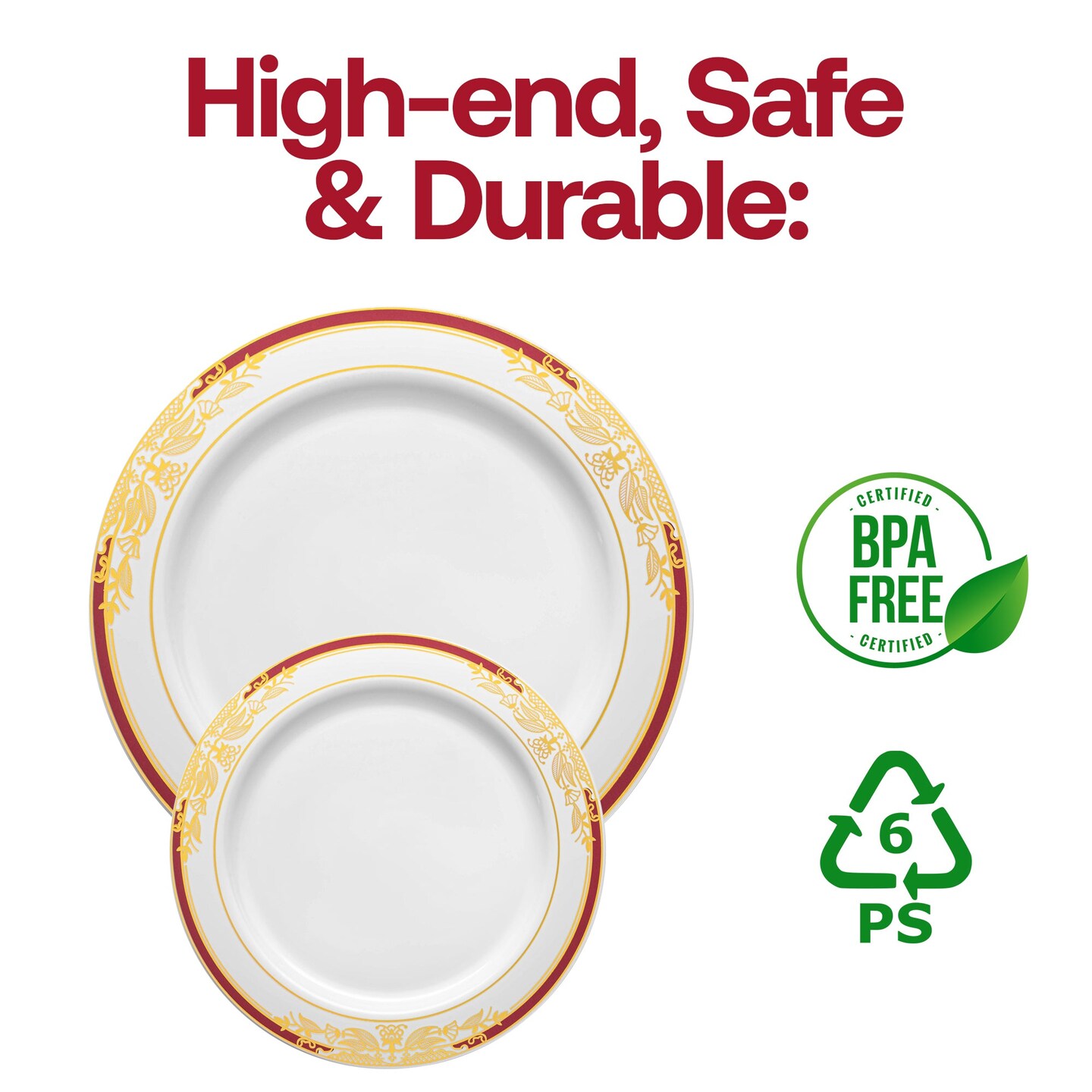 White with Burgundy and Gold Harmony Rim Plastic Dinnerware Value Set (120 Guests)