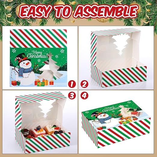 28 Pcs Christmas Cookie Boxes Merry Christmas Bakery Box with Window Xmas Buffalo Plaid Treat Box with Lid Snowman Santa Reindeer Gift Box for Xmas Holiday Party Gift Giving Supplies Decor