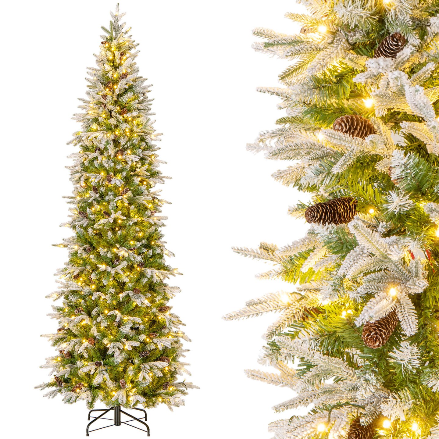 Costway 6/7.5/9 FT Flocked Christmas Tree with 671/913/1310 PE PVC Branch Tips 280/350/470 Warm White LED Lights