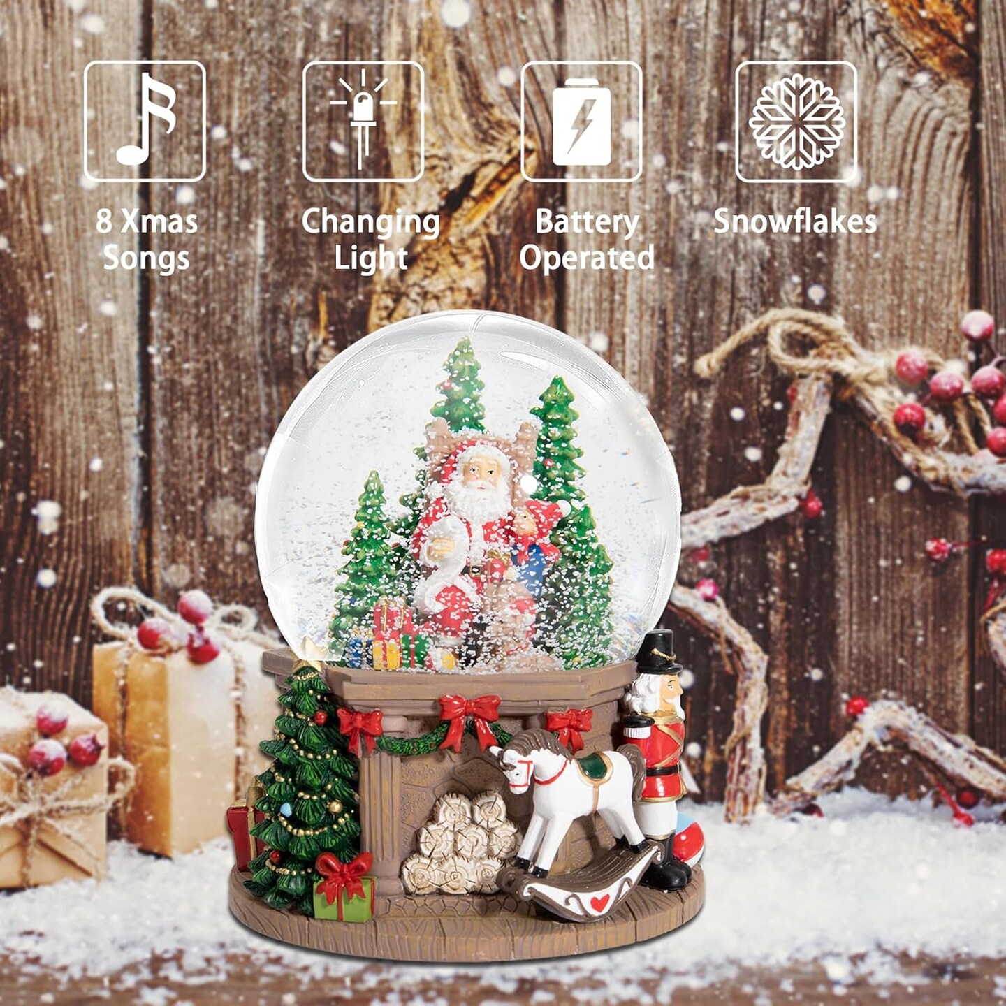 Christmas Snow Globes Santa Tree - Musical Snow Globe with 8 Songs Santa Clause Walnut Soldier Trojan Horse Color Changing Musical Box for Christmas Home Décor