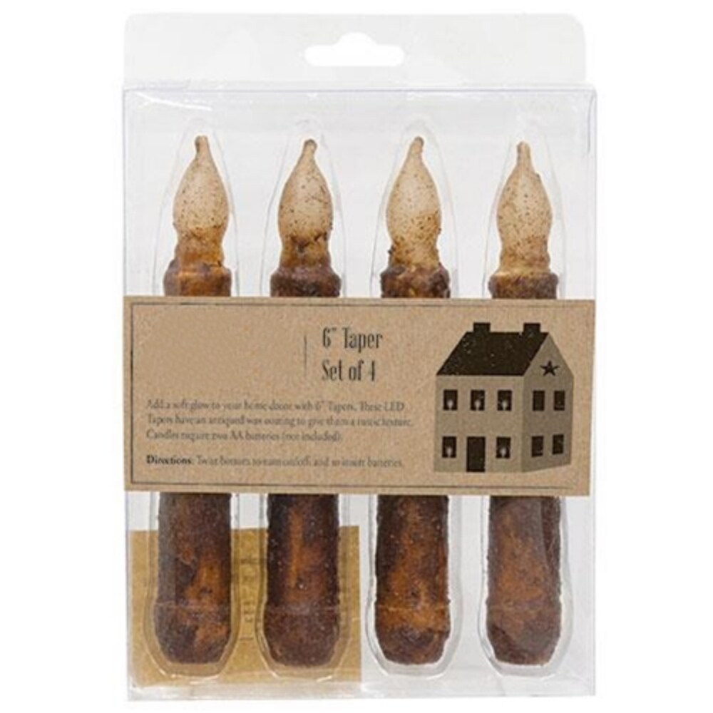 Set of 4 Burnt Mustard LED Taper Candles with Antiqued Wax Coating