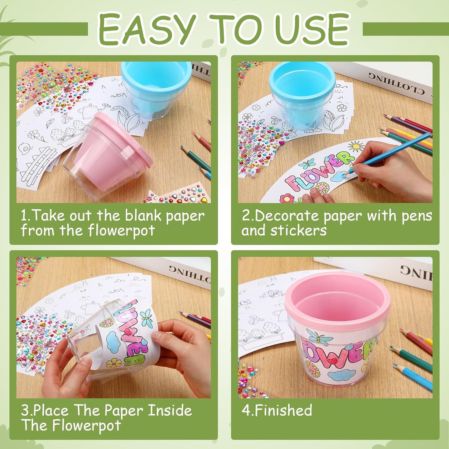 24 Pcs Spring Crafts for Kid Spring DIY Flower Pots with 24 Drawing Inserts and 4 Sheets Rhinestone Sticker