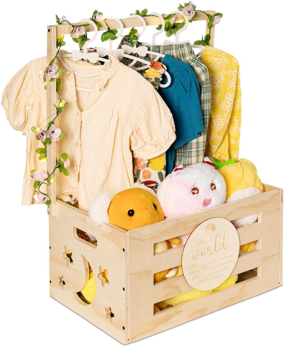 4 in 1 Wooden Baby Shower Crate Closet - Large Storage Basket with Handle Gifts for Pregnancy Parents Baby with Baby Announcement Sign, Garland, 5 Hangers, String Light