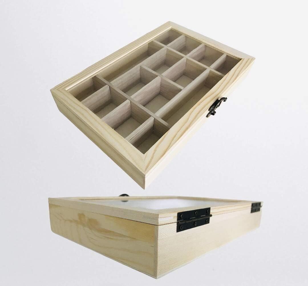 2 Pack Unfinished Wood Classic Box with Hinged Glass Lid for Arts, Crafts, Hobbies, Beads Jewelry and Much More | 14 Compartment Ready to Paint Decorate and Personalize