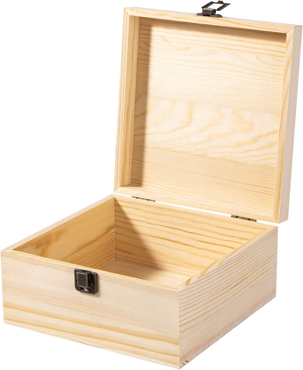 Unfinished Wooden Storage Box with Hinged Lid and Front Clasp, 7.7'' x 7.7'' x 3.9'' Keepsake Box, Rustic Wood Gift Boxes for Jewelry, Art Hobbies and DIY lovers