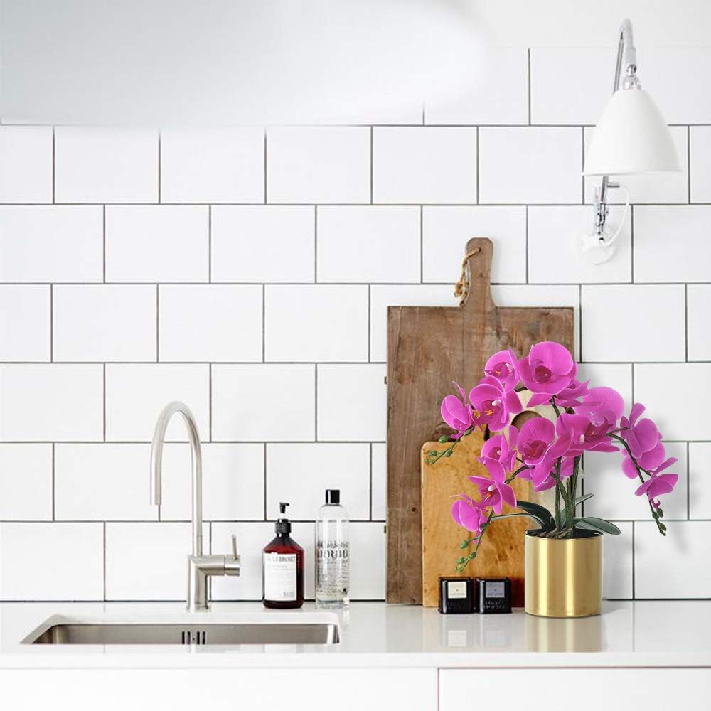 Artificial Orchid Flower with Vase, White Orchid Bonsai Faux Orchid Phalaenopsis Plant Pot Arrangements for Home Decoration (Purple,Gold Vase)