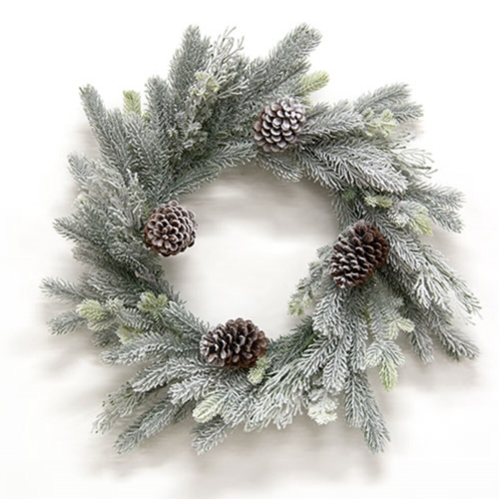 Flocked Woodland Wreath with Pinecones and Snowy Long Needle Pine 24 Inch