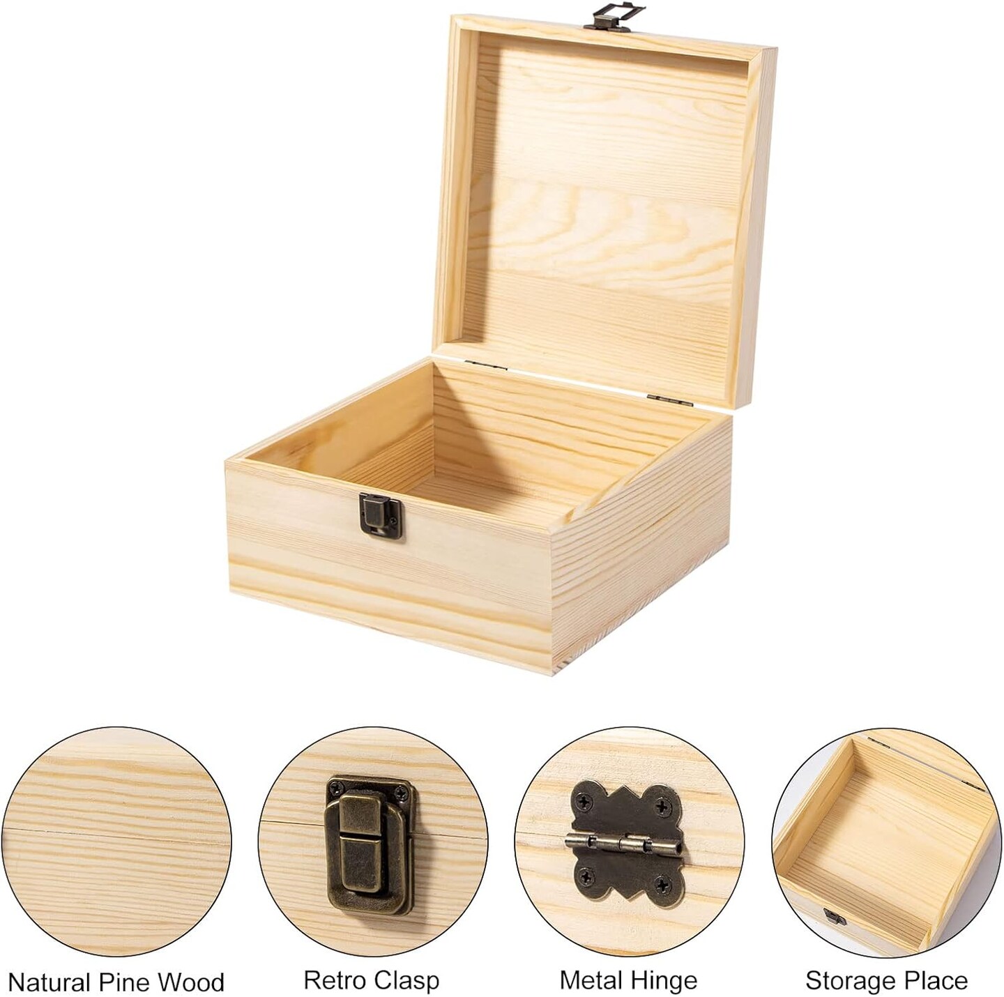 Unfinished Wooden Storage Box with Hinged Lid and Front Clasp, 7.7&#x27;&#x27; x 7.7&#x27;&#x27; x 3.9&#x27;&#x27; Keepsake Box, Rustic Wood Gift Boxes for Jewelry, Art Hobbies and DIY lovers