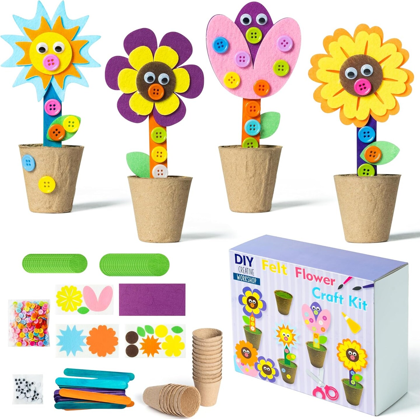 Mother's Day Spring Felt Flower Craft Kits - 16 Pack Make Your Standing Flowers Gift Crafts with Buttons Flower Pot Decor