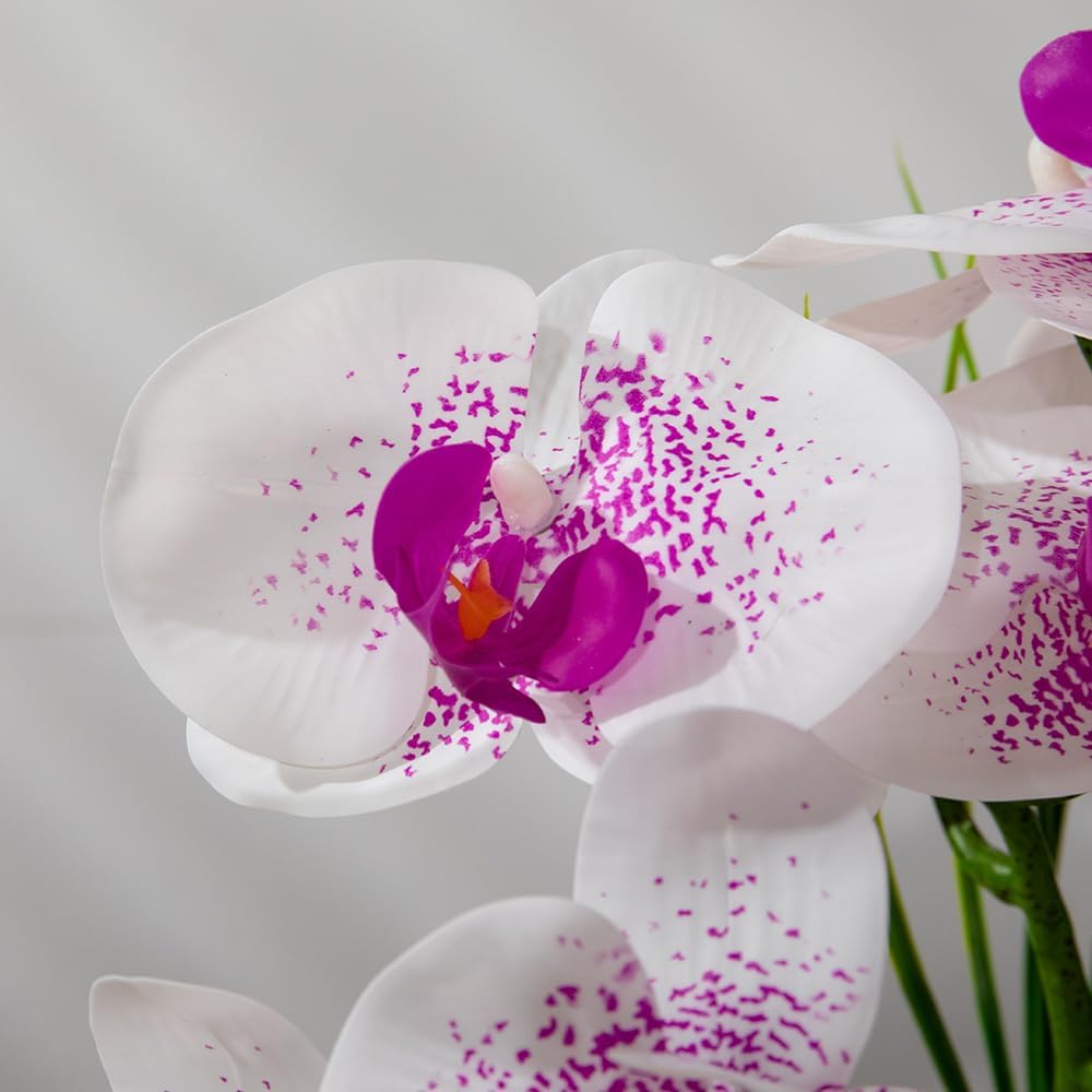 Artificial Orchids Flowers with Vase for Table Centerpieces, Floral Arrangements, Real Touch Faux White Orchid Phalaenopsis in Ceramic Vase for Home Wedding Kitchen Decoration (Silver Vase, White Purple)
