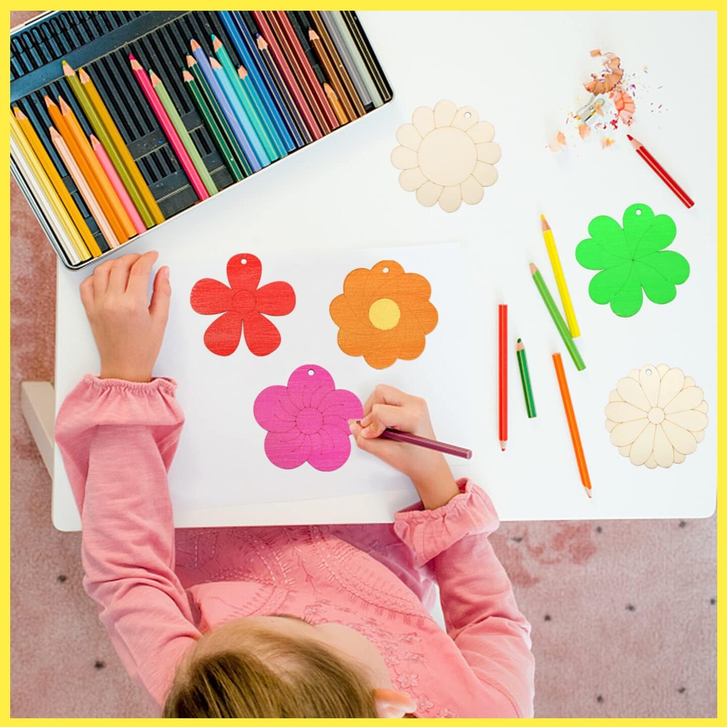 30 Pieces Flowers Wood Cutouts Floral Wooden Slices 3 inch Unfinished Blank Wood Ornaments Flower Embellishments for Painting DIY Projects Decoration(6 Flower Styles with 30 Hanging Strings)
