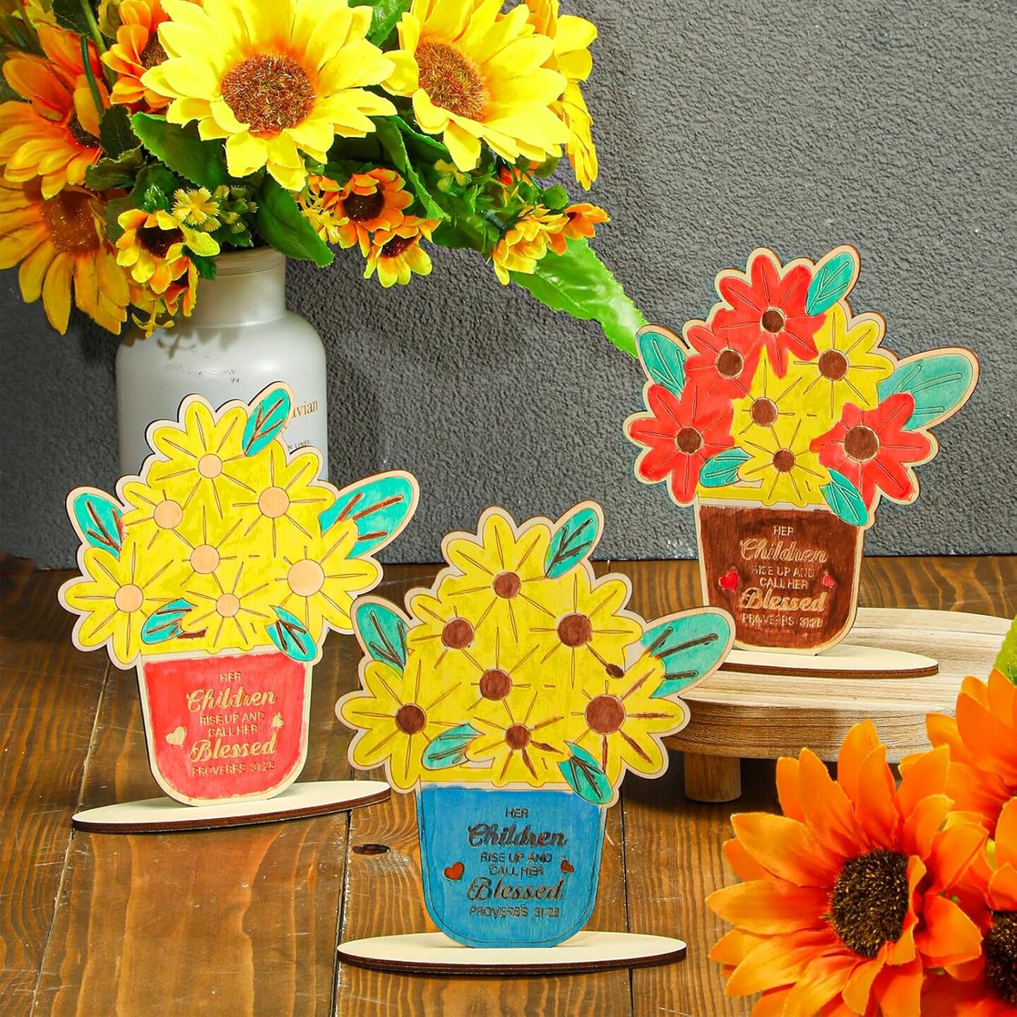 30 Set Spring Religious Mother&#x27;s Day Flowers Crafts Wooden Flower Card Painting Coloring Craft DIY Flower Religious Wooden Sign for Sunday School Activities Mother&#x27;s Day Church Gift Craft