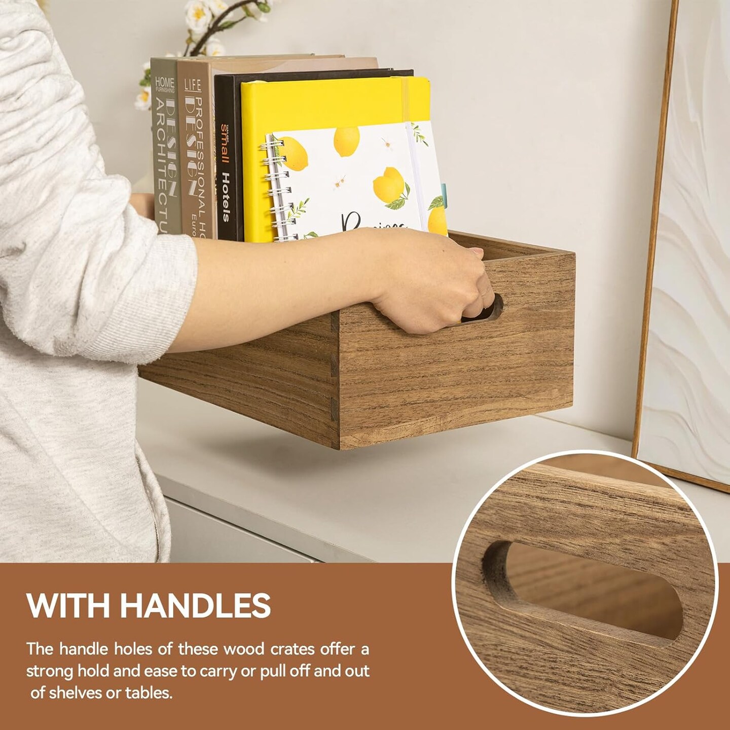 Nesting Wooden Crates with Portable Handles for Home Organizer - Wood Rustic Decor Farmhouse Boxes / Basket Rolling Trays set of 3 Dark Brown
